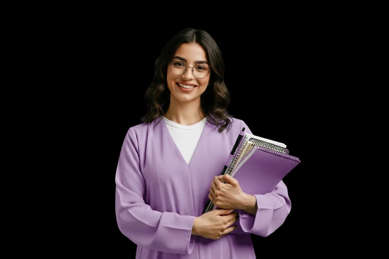 شابة بنظارات تحمل كتبها وتبتسم