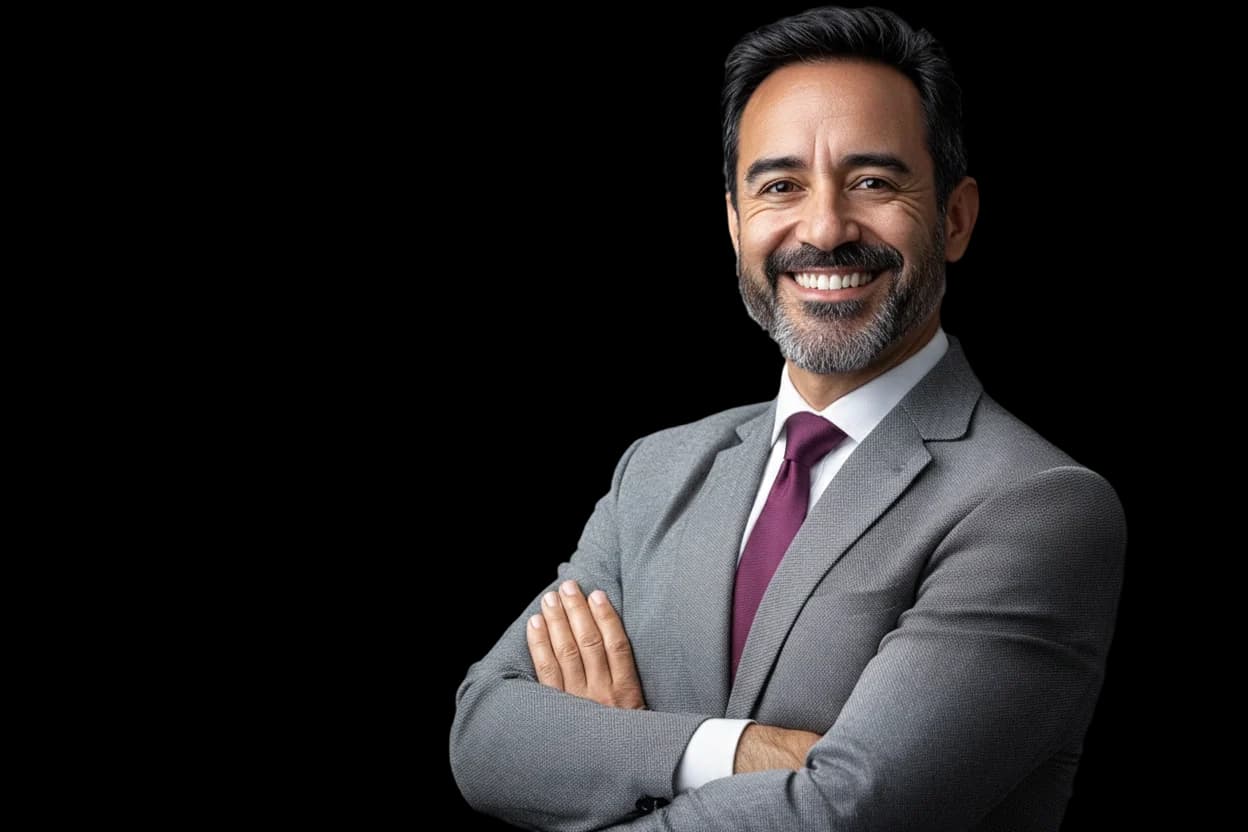 موظف ببدلة يبتسم عاقد ذراعيه